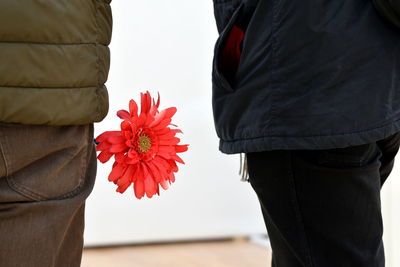 Rear view of people standing with red flower in pocket