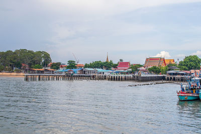 Scenic view of river against buildings