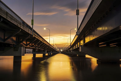 Bridge over river against sky during sunset