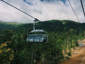 Overhead cable car over forest against sky