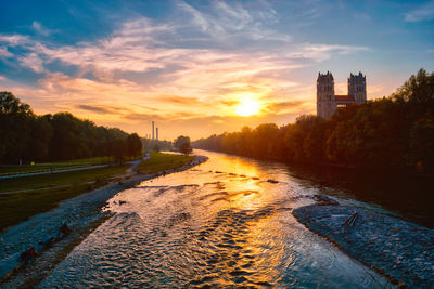 Isar river, park and st maximilian church from reichenbach bridge. munchen, bavaria, germany.