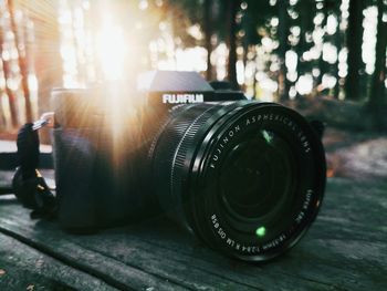 Close-up of camera on table