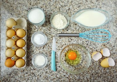 High angle view of breakfast on table