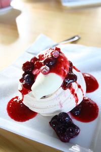 Close-up of dessert served on table