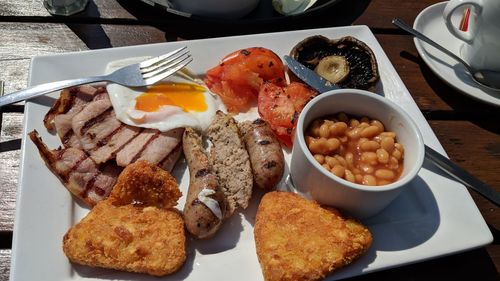 High angle view of breakfast served on table