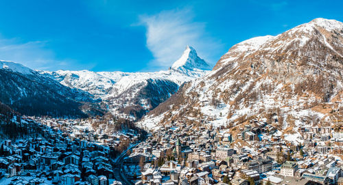 Aerial view on zermatt valley and matterhorn peak