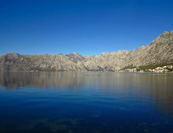 Scenic view of lake against clear blue sky