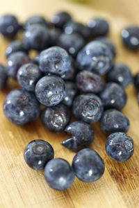 High angle view of blueberries on table