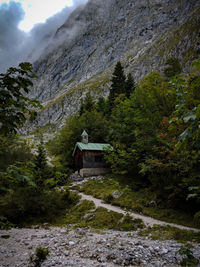 View of temple against trees and mountains