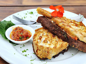 High angle view of food in plate on table