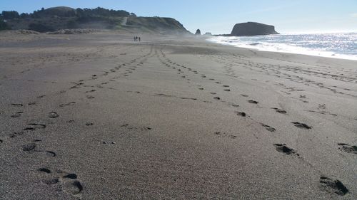 Footprints on sand at beach against sky