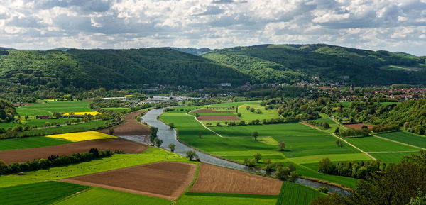 Aerial view of agricultural landscape against sky