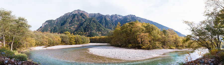 Scenic view of river amidst trees against sky