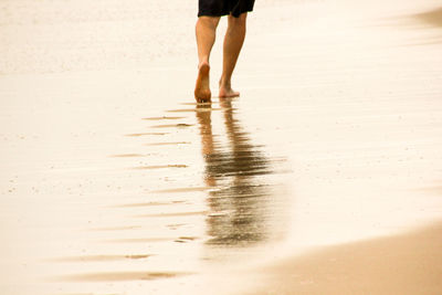 Low section of man walking on wet beach