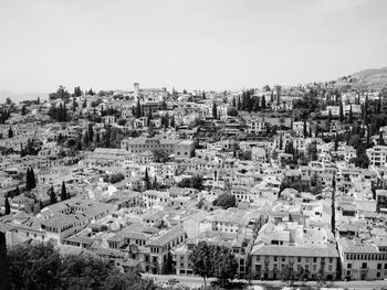 High angle shot of townscape against sky