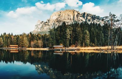 Scenic view of lake by trees against sky