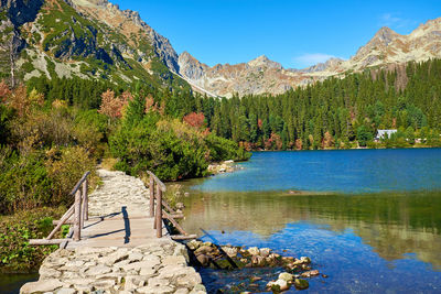 Scenic view of lake by trees against sky