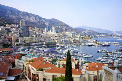 Monaco panoramic view with monte carlo harbour and yachts