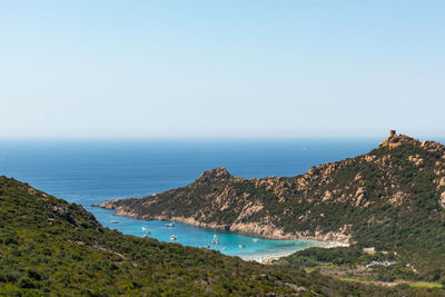 Scenic view of sea against clear blue sky