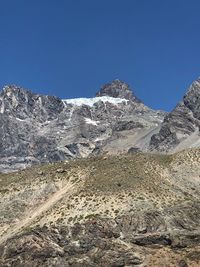 Scenic view of mountains against clear blue sky