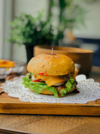 Close-up of burger on cutting board