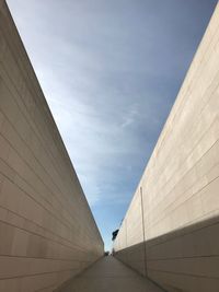 Diminishing perspective of footpath amidst wall against sky