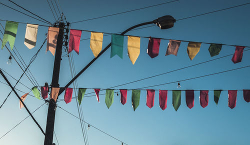 Low angle view of flags against clear sky