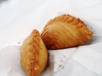 High angle view of bread in plate on table