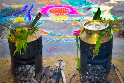 High angle view of multi colored roses on table