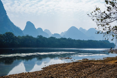 Scenic view of lake by mountains against sky