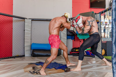 Side view of unrecognizable male boxer practicing punches with strong instructor on boxing ring during training