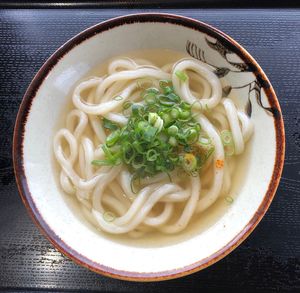 Directly above shot of soup served on table