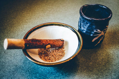 High angle view of drink on table