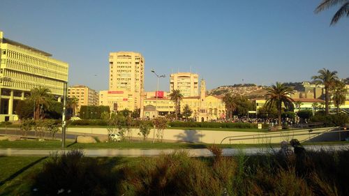 View of buildings against clear sky