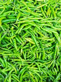 Full frame shot of green chili peppers for sale in market