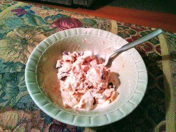 High angle view of breakfast in bowl on table