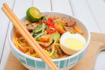 High angle view of food served in bowl