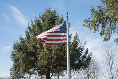 Low angle view of flag against sky