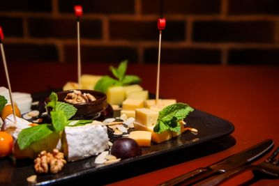 Close-up of dessert served on table