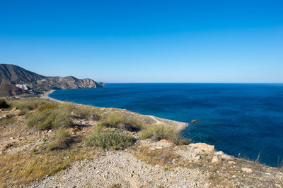 Scenic view of sea against clear blue sky