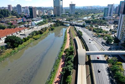 High angle view of road amidst buildings in city