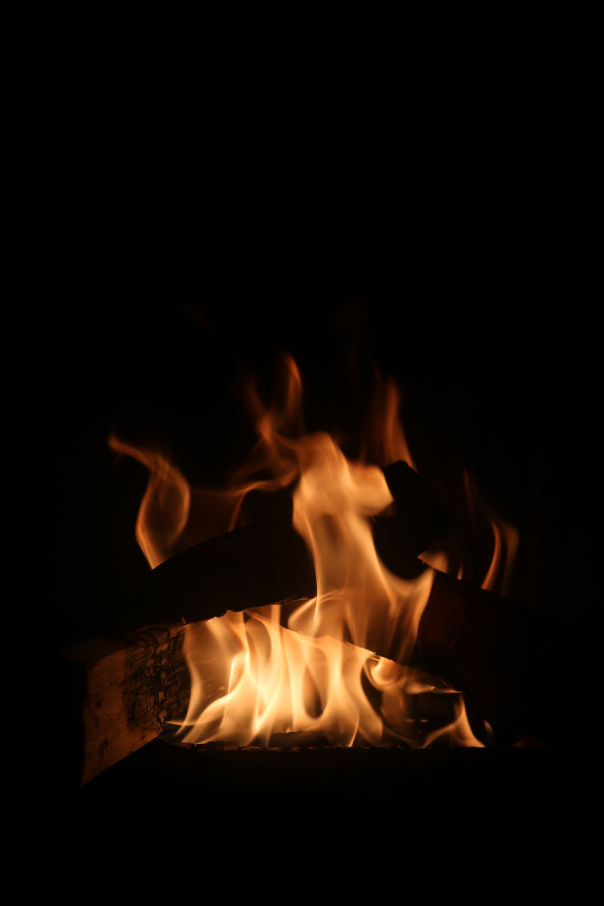 burning, fire, flame, heat, darkness, black background, nature, campfire, no people, wood, fireplace, close-up, firewood, log, orange color, indoors, glowing, motion, dark, copy space, studio shot, night, black