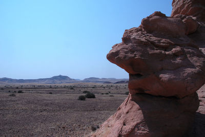 Close-up of rock formation in desert against clear sky