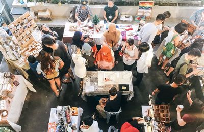 High angle view of people at market