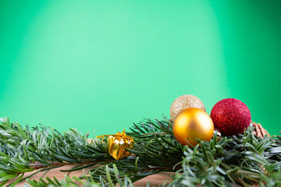 Close-up of fruits against blue background