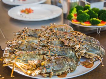 High angle view of meal served on table