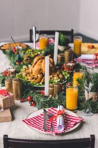 Close-up of christmas decorations on table