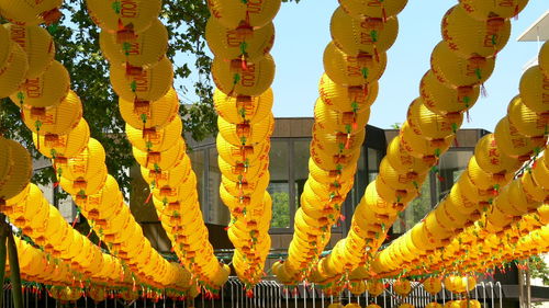 Low angle view of yellow chinese lanterns