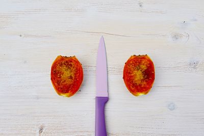 High angle view of orange slices on table