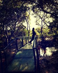 Rear view of woman walking on railing